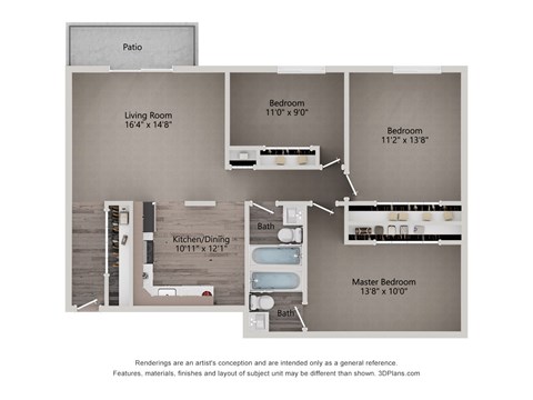 Floor plan for 3 beds, 2 baths, 1200 sqft